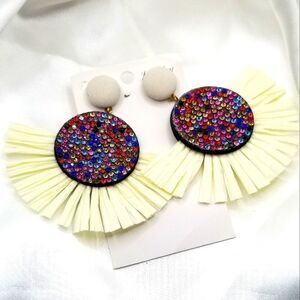 Multicolor cream Diamond Raffia Geometric Round Lightweight Drop Statement.